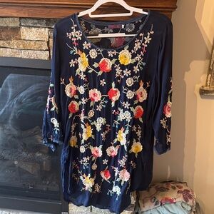 Johnny Was Navy Top with Colorful Floral Embroidery